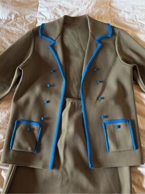 VTG Olive Green Knit Blazer-Skirt Set with Bright Blue Trim size 14
